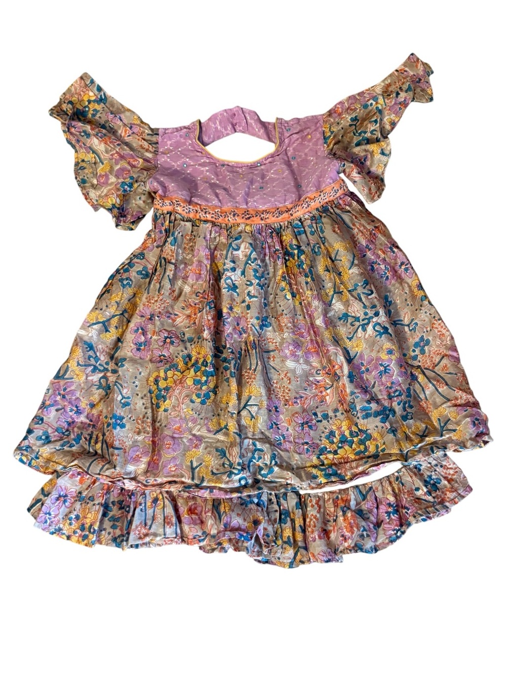 Fabindia Floral Tiered Flutter Sleeve Dress Cotton Silk Metallic Girl Size 10-12